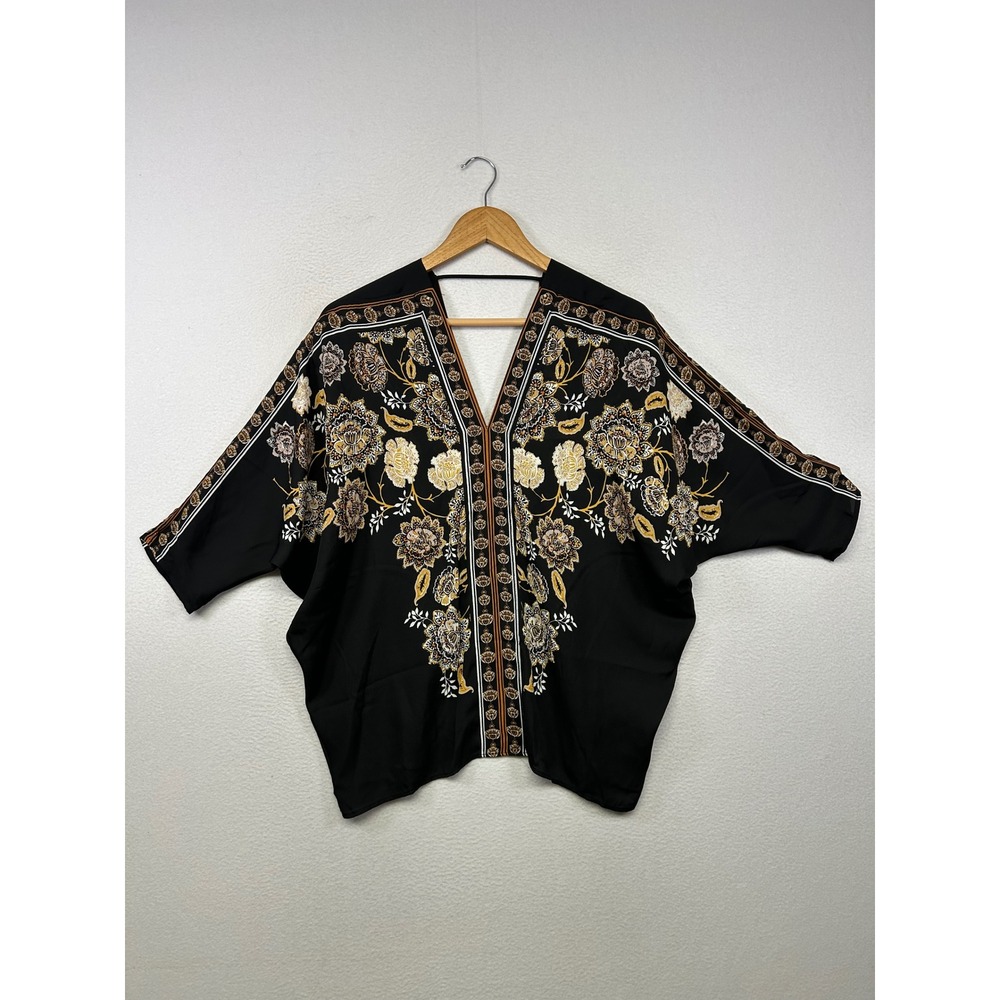 Boho Rose + Olive Womens Small Black Floral Paisley Kimono Wrap Top Festival